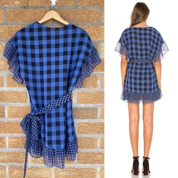 Tularosa Jenny Blue And Black Buffalo/gingham Plaid Wrap Mini Dress medium - Picture 2 of 15